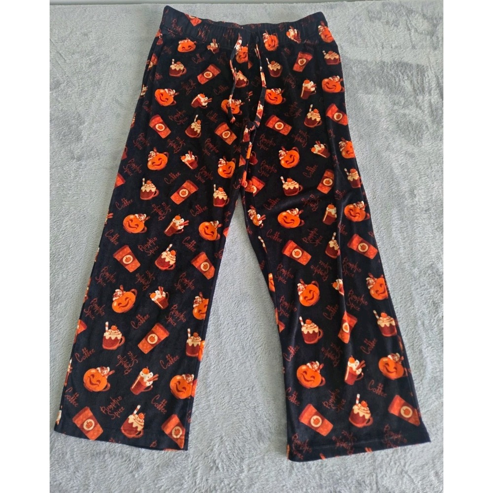 Berkley Jensen Women Men Halloween Fall Fleece Pajama Pants L Black Orange Latte